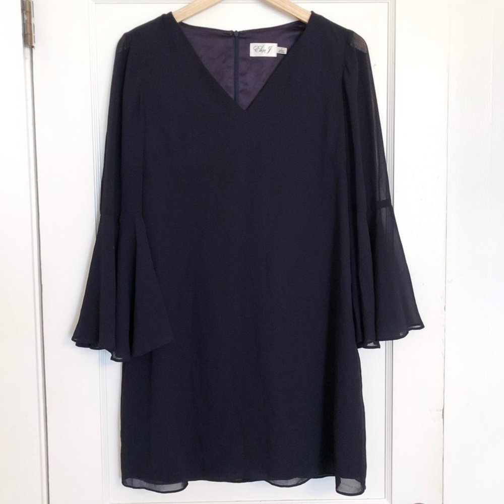 Eliza J - Sheer Bell Sleeve Crepe Dress - Navy, 6